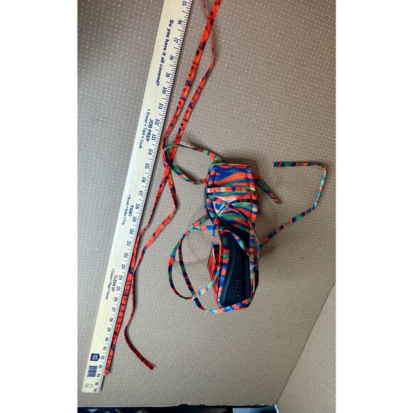 ASOS Design Colorful Orange Blue Heels Strappy‎ Square Toe Tie Up High Heel - Picture 11 of 12